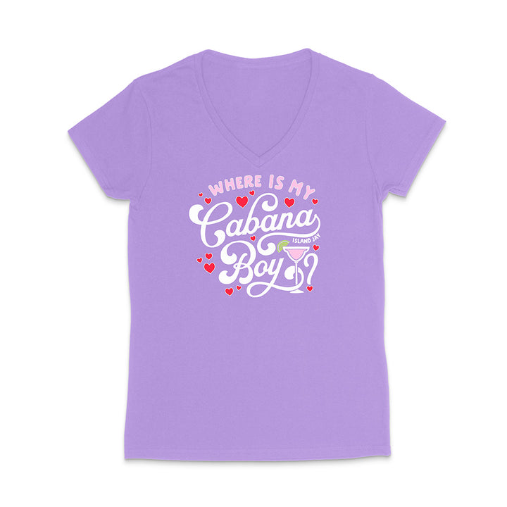 Purple t-shirt with 'Where is my Cabana Boy' text and graphics on a white background