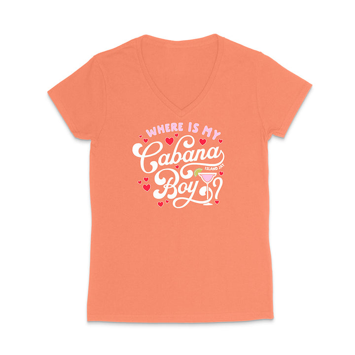 Coral t-shirt with 'Where is my Cabana Boy' text and graphics on a white background