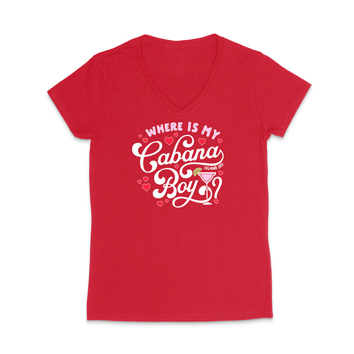 Red V-neck t-shirt with white text and graphics on a white background