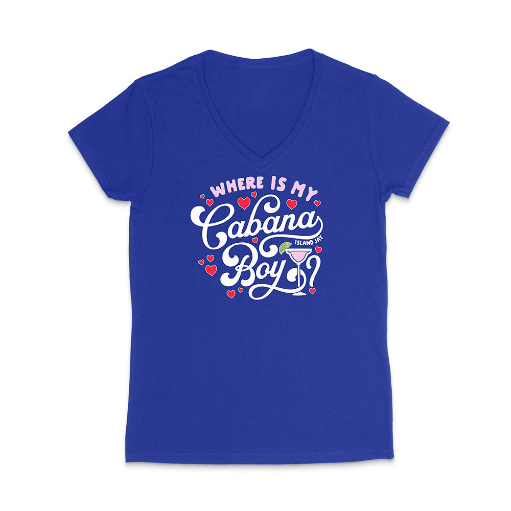 Blue t-shirt with 'Where is my Cabana Boy' text on a white background