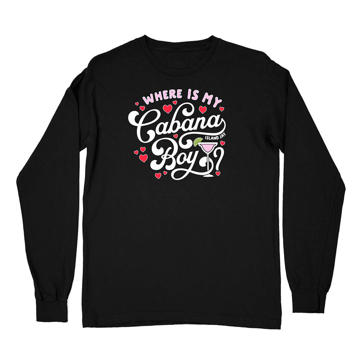 Black long-sleeve shirt with white text and graphics on a white background