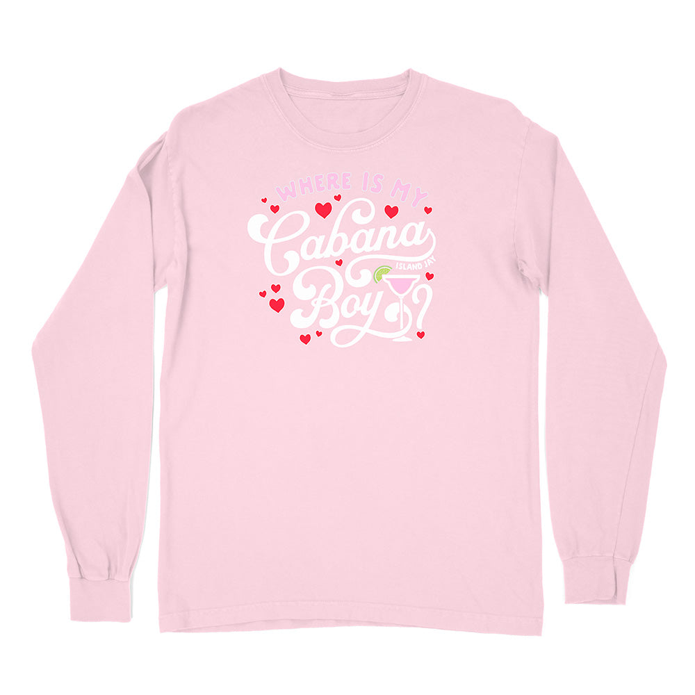 Pink long-sleeve shirt with 'What is a Cabana Boy?' text and heart designs on a white background