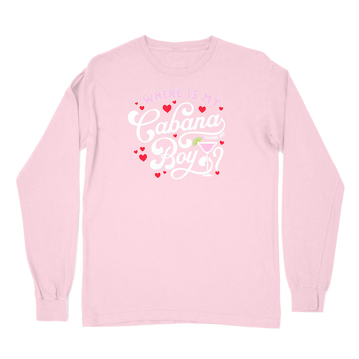 Pink long-sleeve shirt with 'What is a Cabana Boy?' text and heart designs on a white background