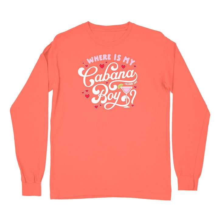 Coral long-sleeve shirt with white text and graphics on a white background