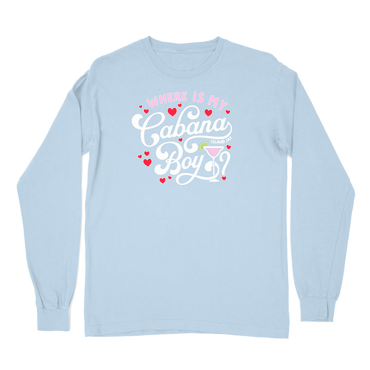 Light blue long-sleeve shirt with text and heart graphics on a white background