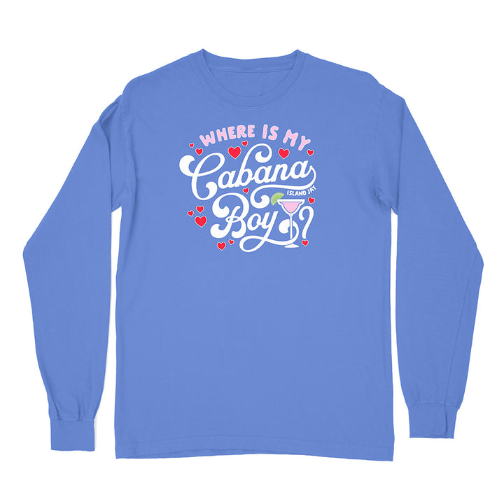 Blue long-sleeve shirt with 'Where is my Cabana Boy' text and graphics on a white background