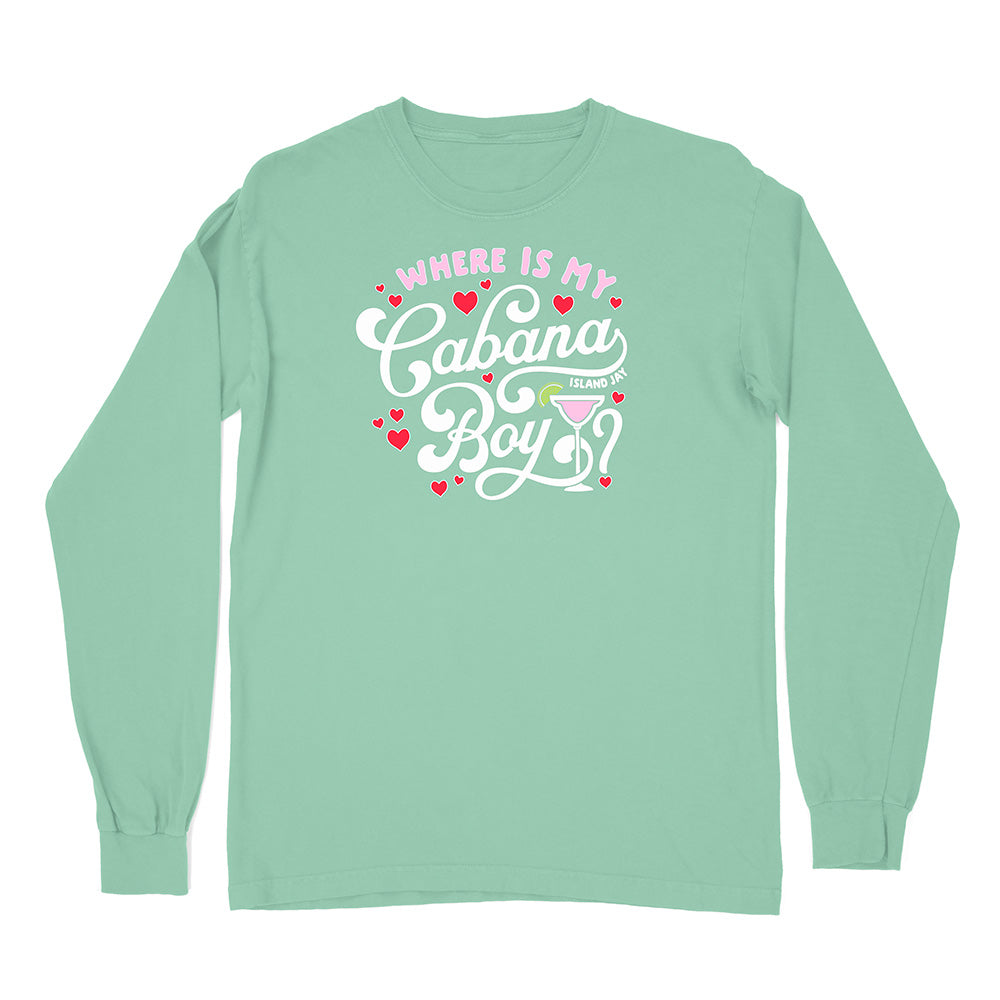 Mint green long-sleeve shirt with text and graphics on a white background