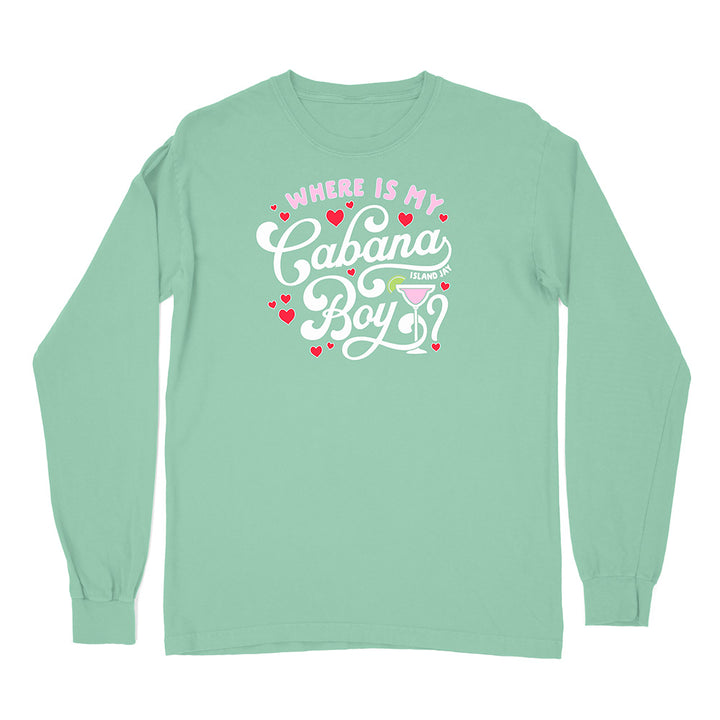 Mint green long-sleeve shirt with text and graphics on a white background