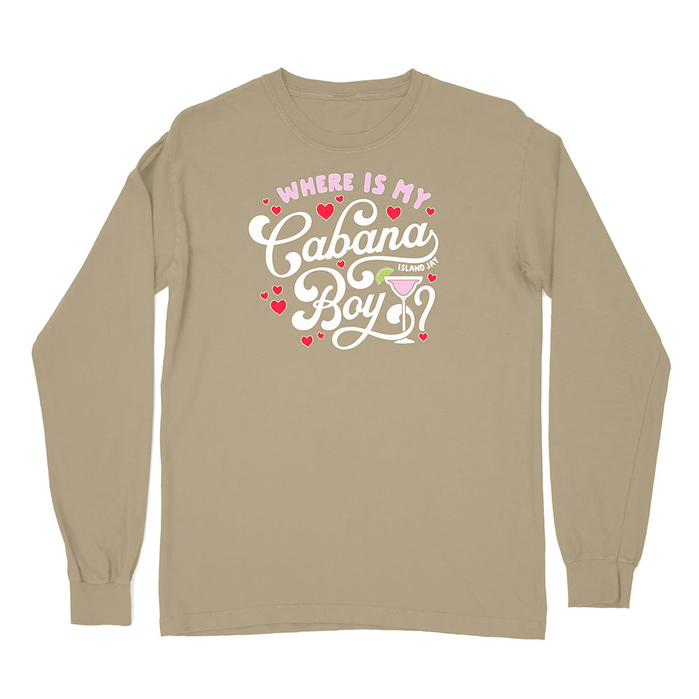 Beige long-sleeve shirt with 'Where is my Cabana Boy' text and graphics on a white background