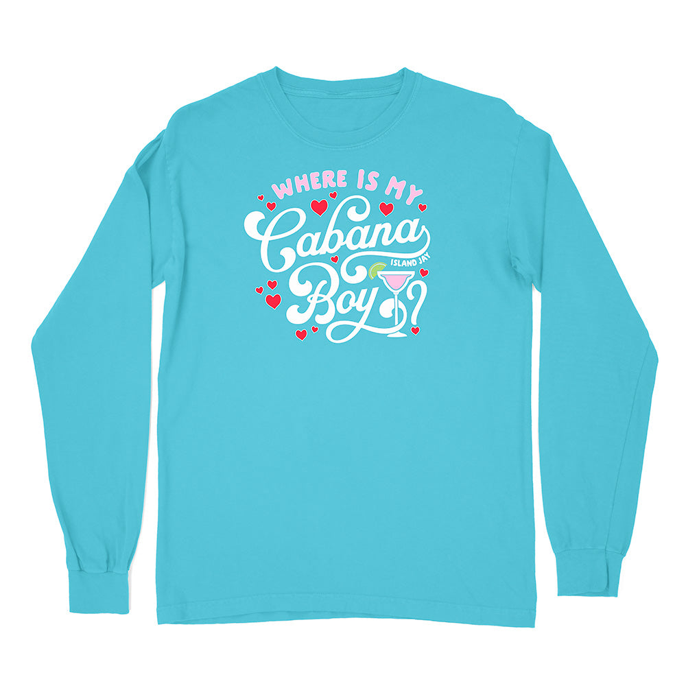 Blue long-sleeve shirt with 'Where is my Cabana Boy' text and graphics on a white background