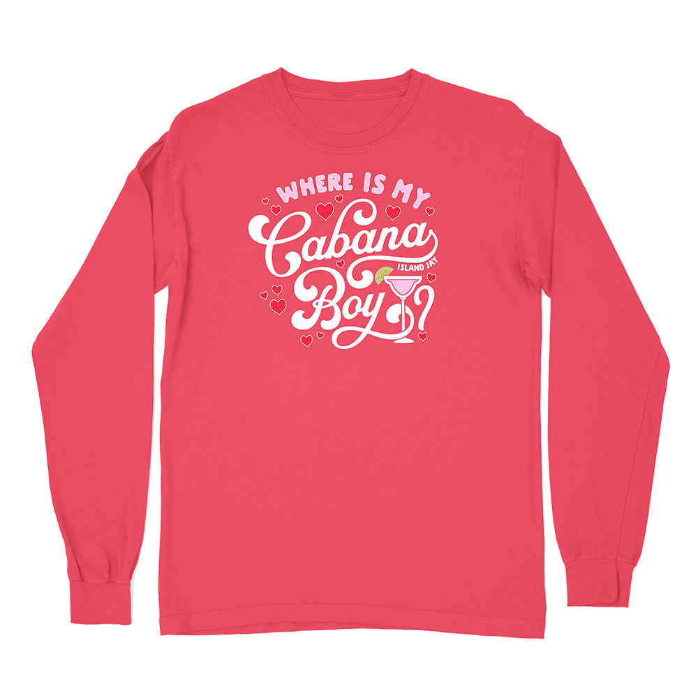 Red long-sleeve shirt with white text and graphics on a white background