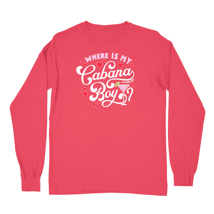 Red long-sleeve shirt with white text and graphics on a white background