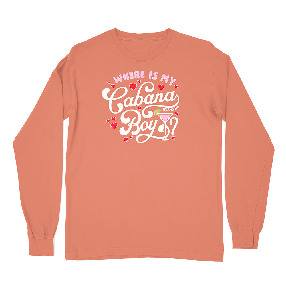 Coral long-sleeve shirt with 'Where is my Cabana Boy' text and graphics on a white background