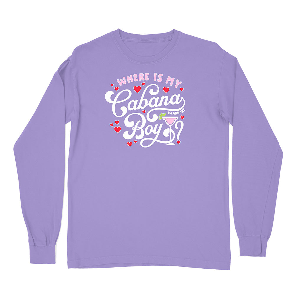 Purple long-sleeve shirt with 'Where is my Cabana Boy' text and graphics on a white background