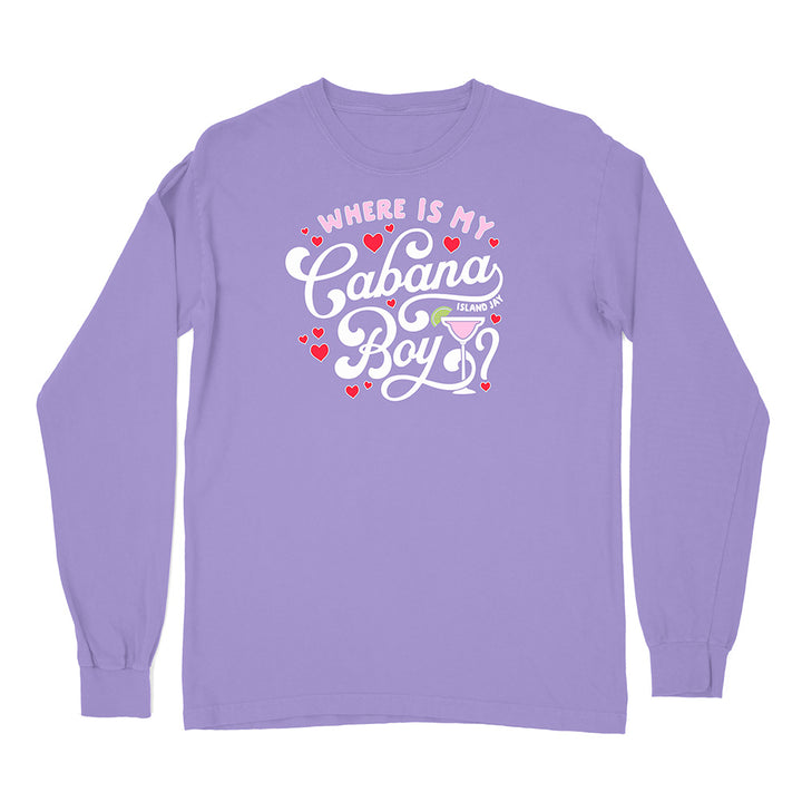 Purple long-sleeve shirt with 'Where is my Cabana Boy' text and graphics on a white background
