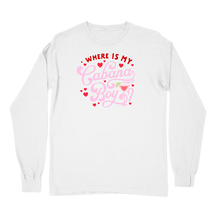White long-sleeve shirt with pink and red text and heart graphics on a white background