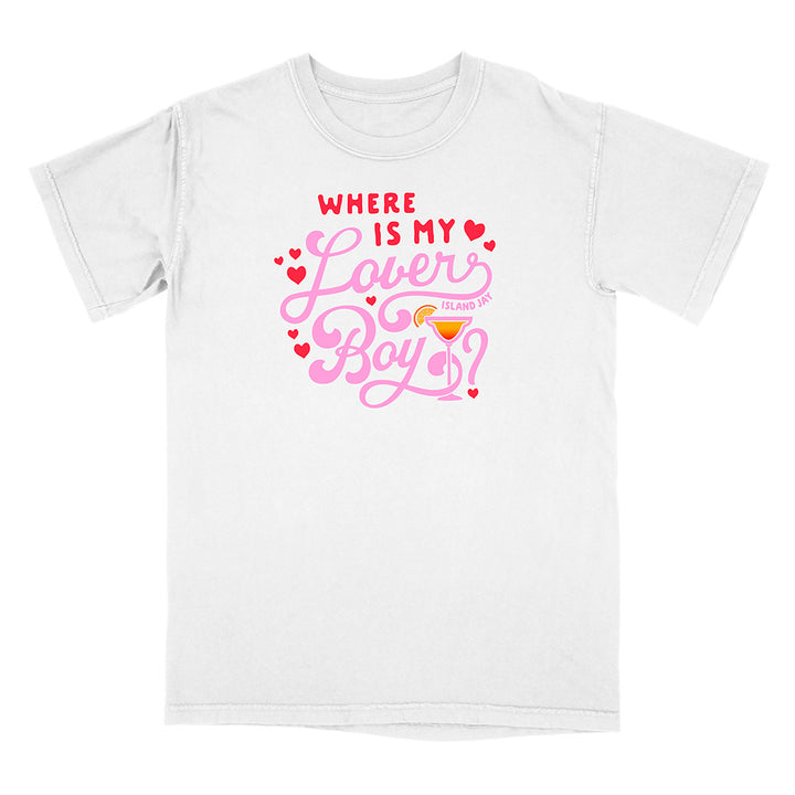 White t-shirt with pink and red text and graphics on a white background