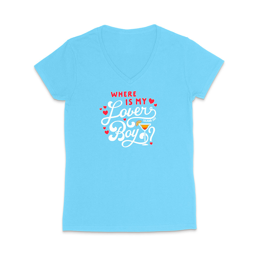 Light blue t-shirt with colorful text design on a white background