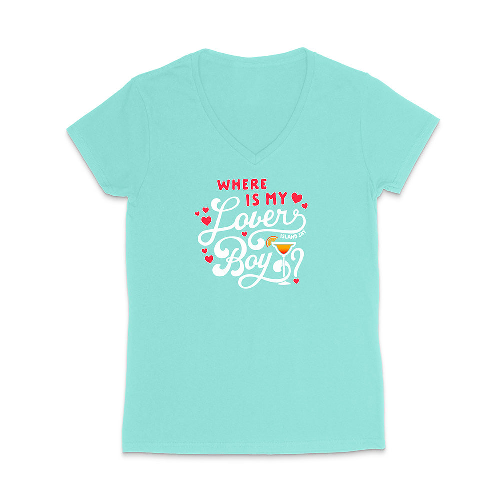 Light blue t-shirt with colorful text design on a white background
