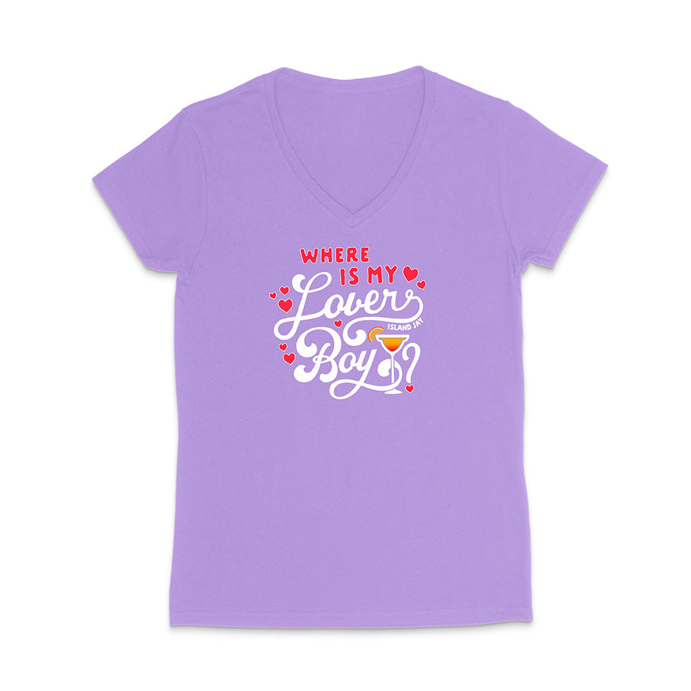 Purple t-shirt with colorful text design on a white background