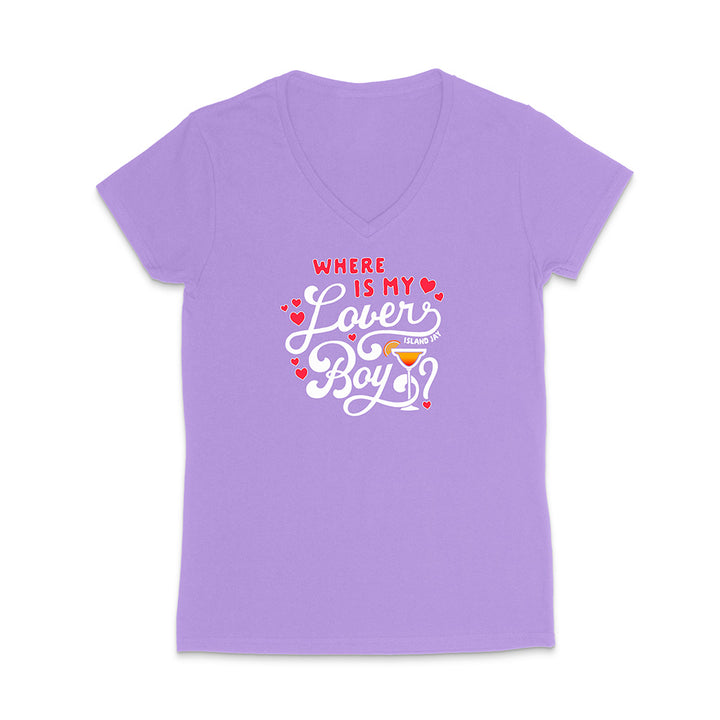 Purple t-shirt with colorful text design on a white background