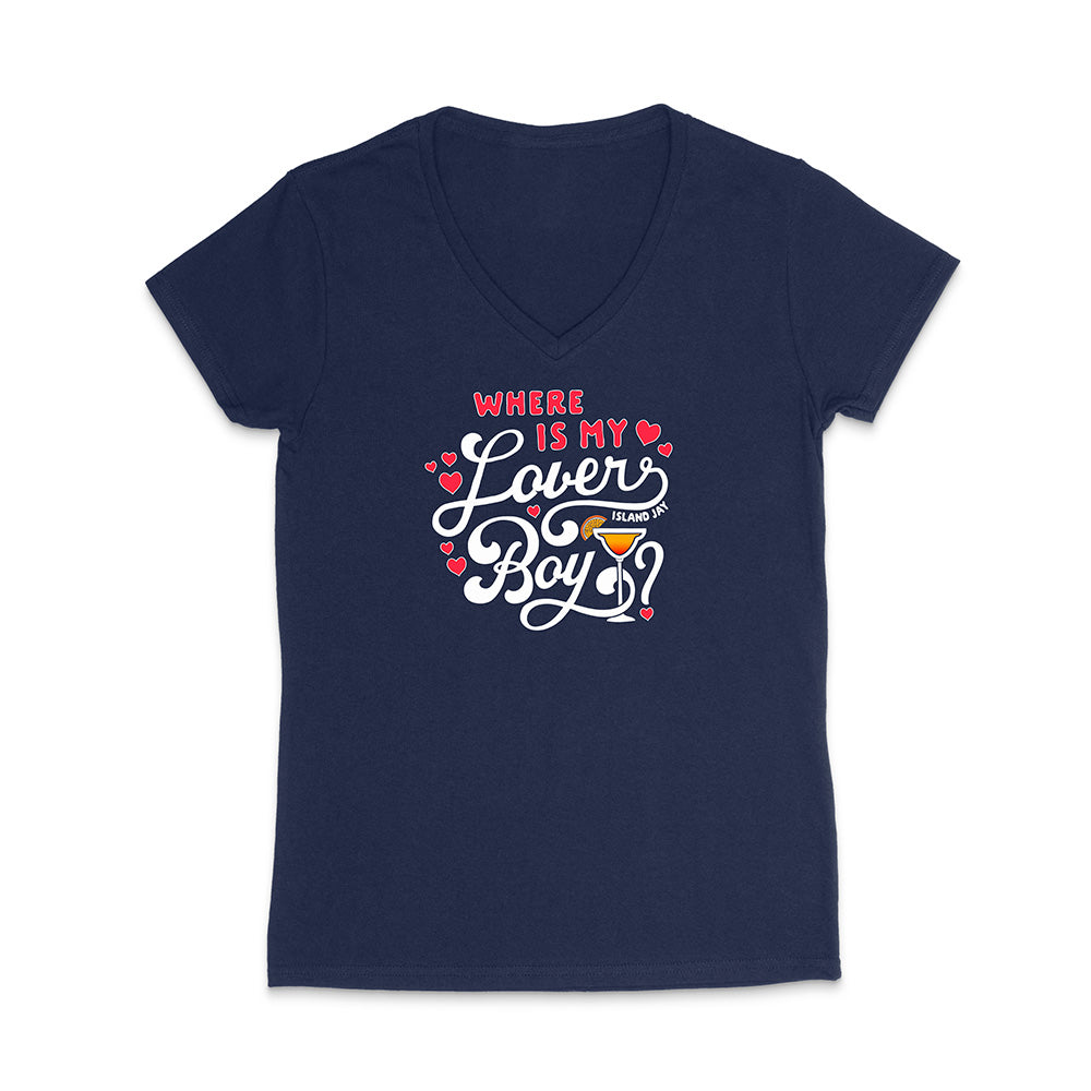 Navy blue t-shirt with colorful graphic and text on a white background