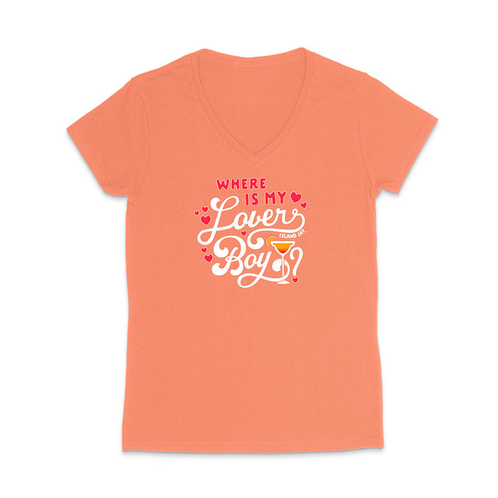 Coral t-shirt with a graphic design on a white background