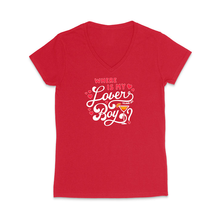 Red V-neck t-shirt with white text and graphics on a white background