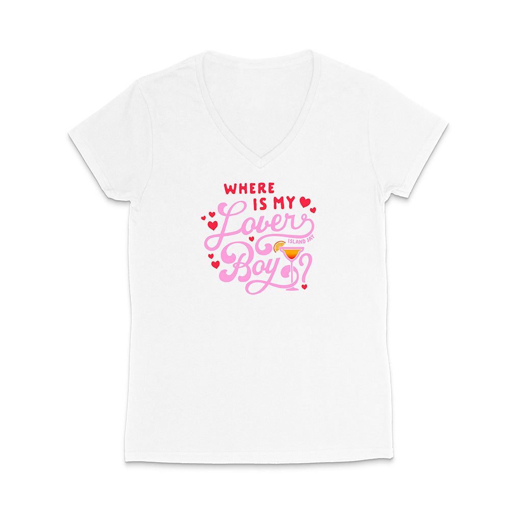 White t-shirt with pink and red text design on a white background
