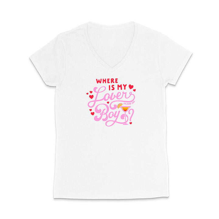 White t-shirt with pink and red text design on a white background