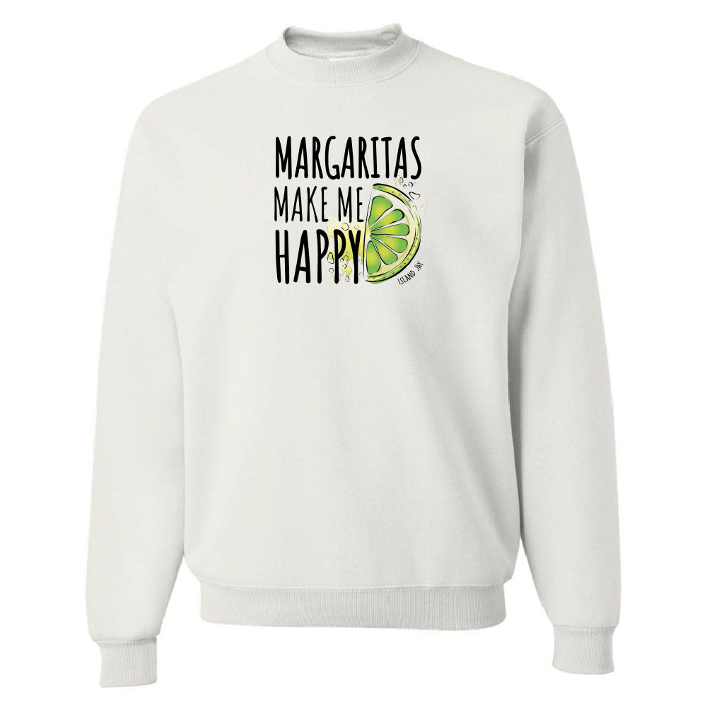White sweatshirt with 'Margaritas Make Me Happy' text and lime graphic on a white background