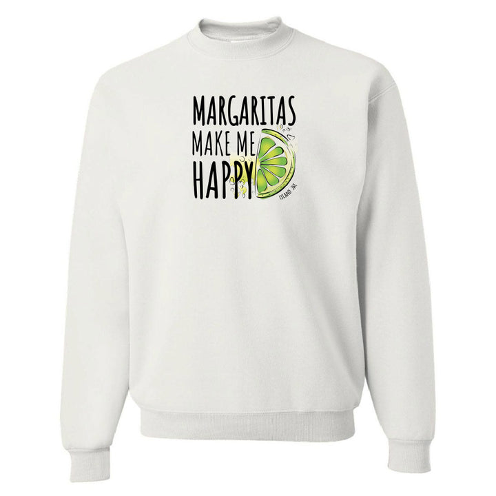 White sweatshirt with 'Margaritas Make Me Happy' text and lime graphic on a white background