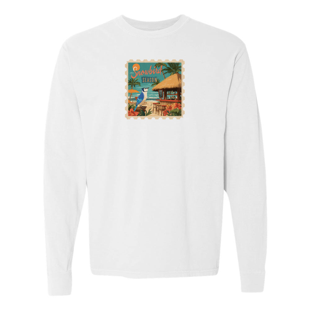 White sweatshirt with a colorful graphic on a white background
