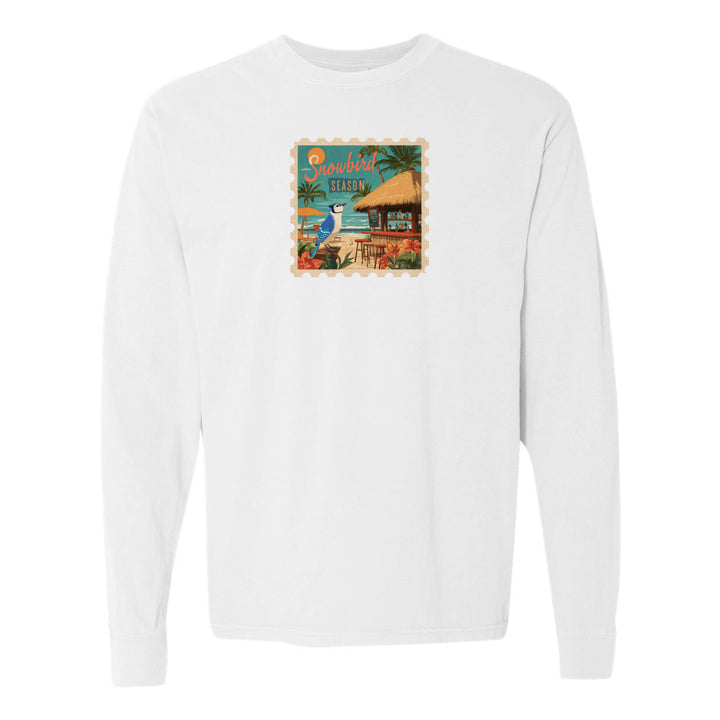 White sweatshirt with a colorful graphic on a white background