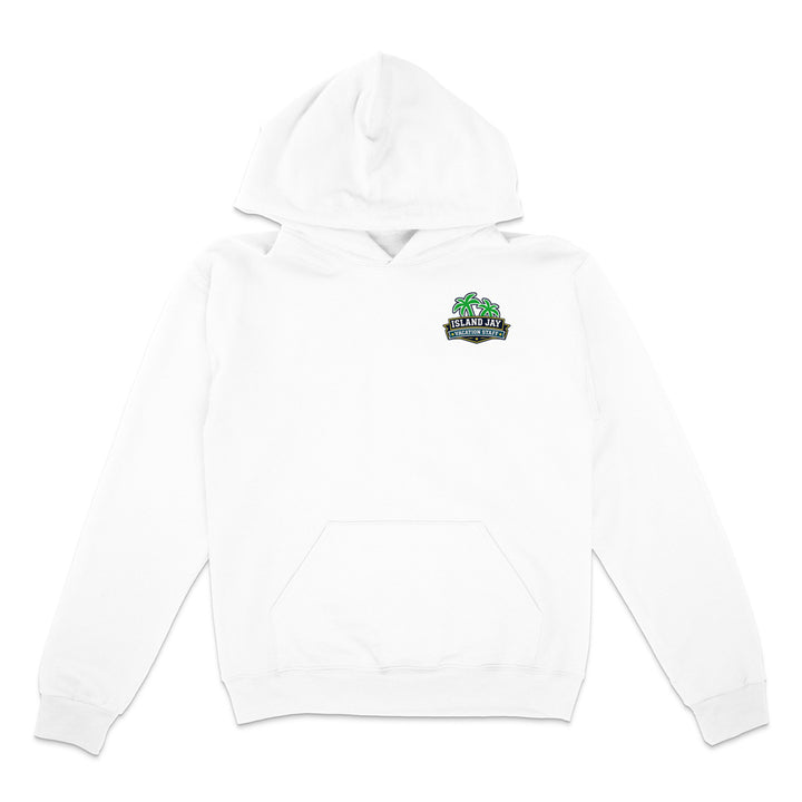 A white pullover hoodie with a small green and black 'Team Jay' graphic on the left chest, displayed on a clean white background.