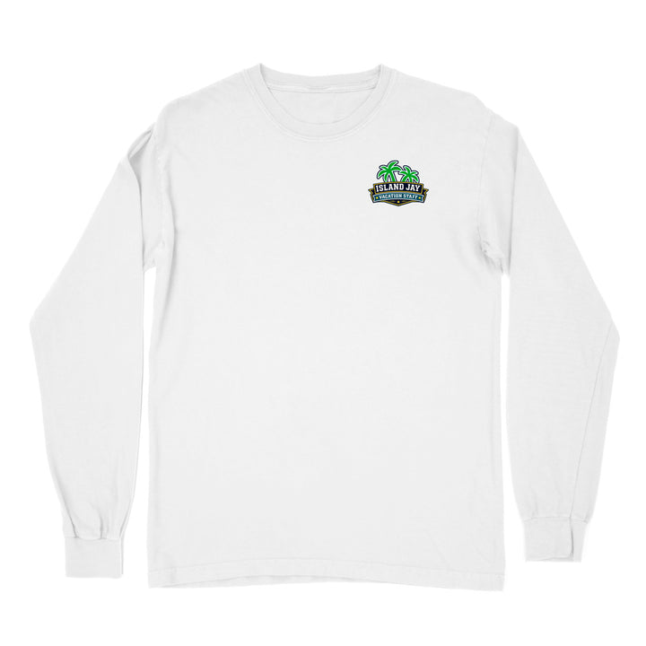 A white long-sleeve crewneck t-shirt with a small green and blue 'Pelican Jet' graphic printed on the left chest, displayed on a clean white background.