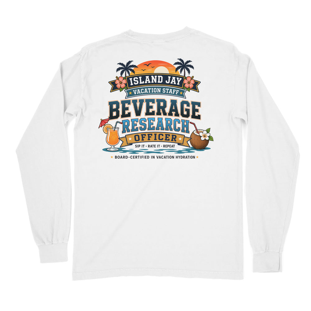 A white long-sleeve t-shirt shown from the back, featuring a colorful graphic print with the text 'ISLAND JAY VACATION STAFF BEVERAGE RESEARCH OFFICER' and tropical illustrations.
