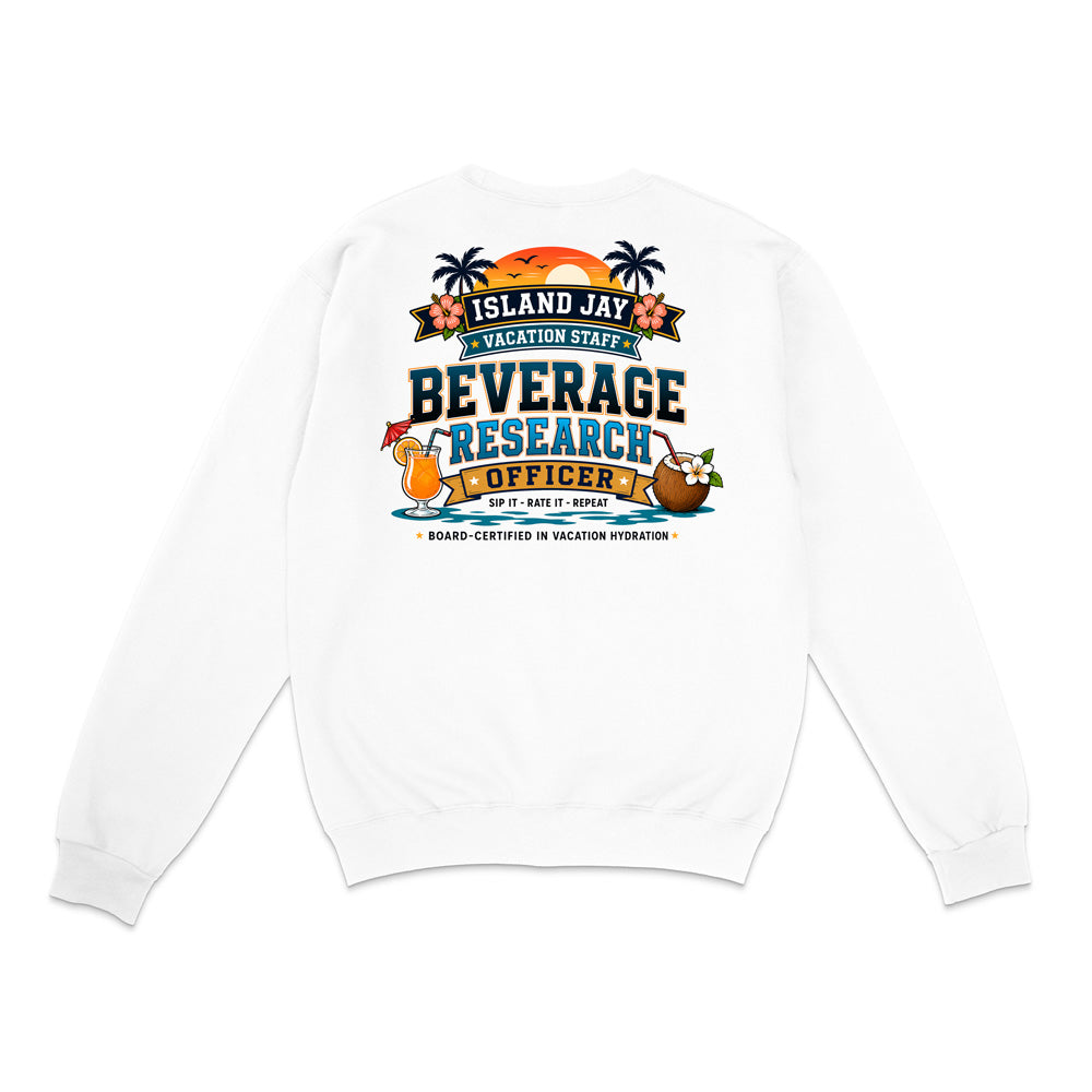A white crewneck sweatshirt shown from the back, featuring a colorful graphic print with tropical elements and the text 'ISLAND JAY BEVERAGE RESEARCH OFFICER'.