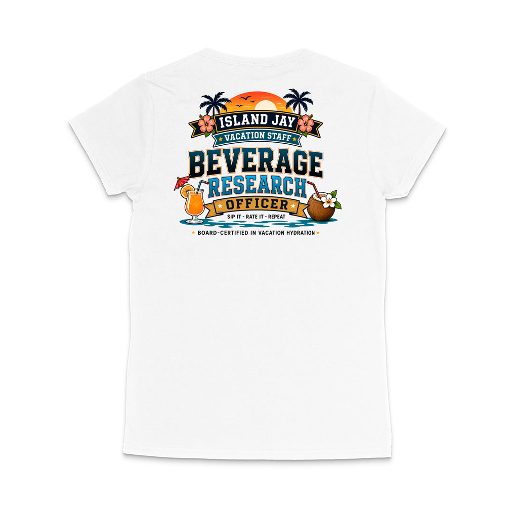 A white short-sleeve crewneck t-shirt shown from the back, featuring a colorful graphic print with the text 'ISLAND JAY BEVERAGE RESEARCH OFFICER' and tropical illustrations.