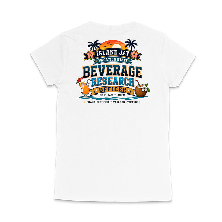 A white short-sleeve crewneck t-shirt shown from the back, featuring a colorful graphic print with the text 'ISLAND JAY BEVERAGE RESEARCH OFFICER' and tropical illustrations.