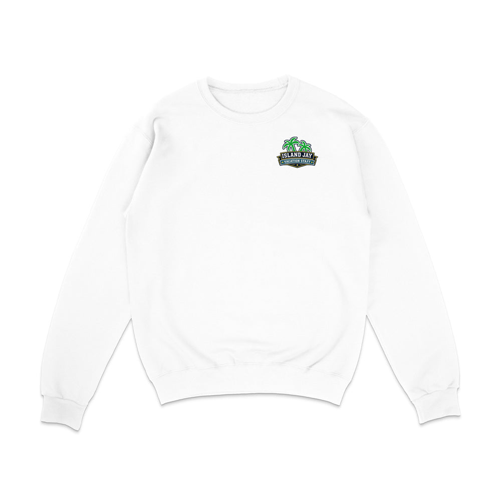 A white crewneck sweatshirt with a small colorful graphic on the left chest featuring palm trees and the text 'Palm Springs'.