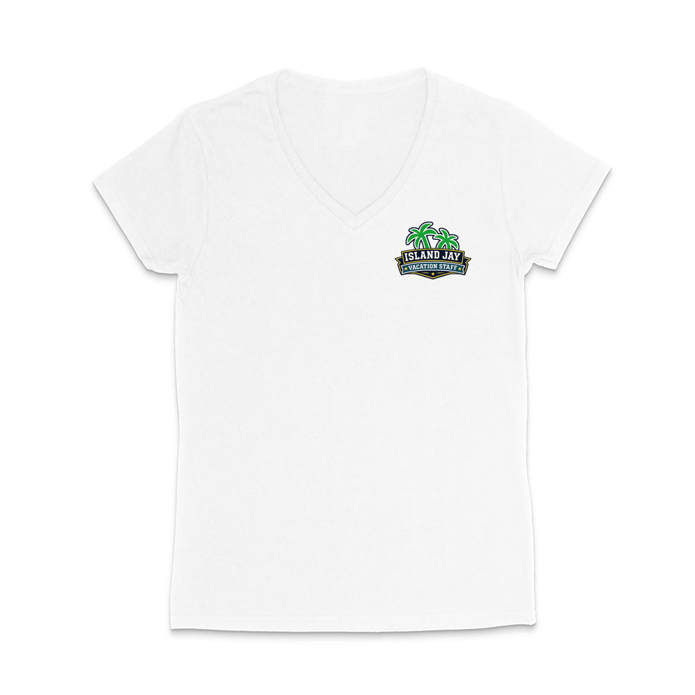 A white women's short-sleeve V-neck t-shirt with a small colorful graphic on the left chest featuring palm trees and the text 'Island Jay Vacation Staff'.
