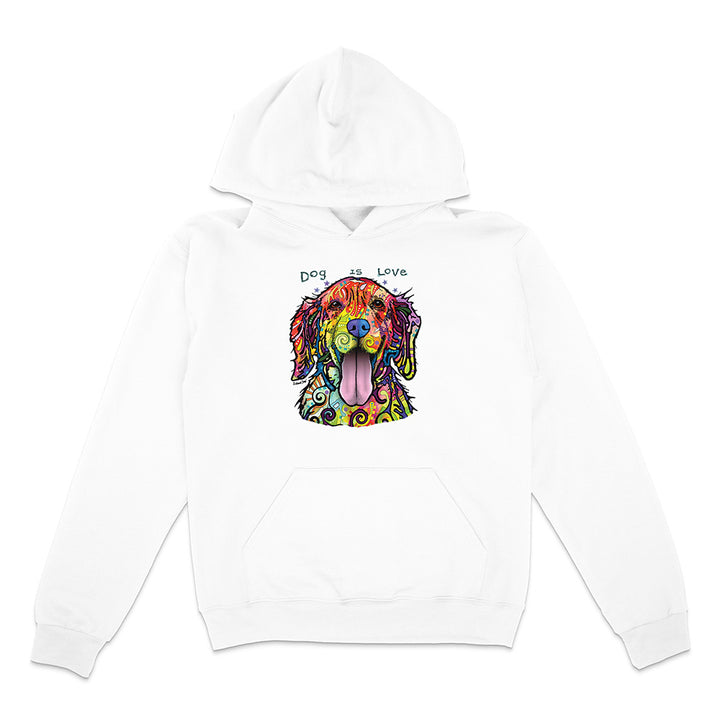 White hoodie with a colorful dog graphic and 'Dog is Love' text on a white background