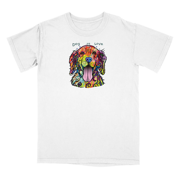 White t-shirt with a colorful dog graphic and 'Dog is Love' text on a white background