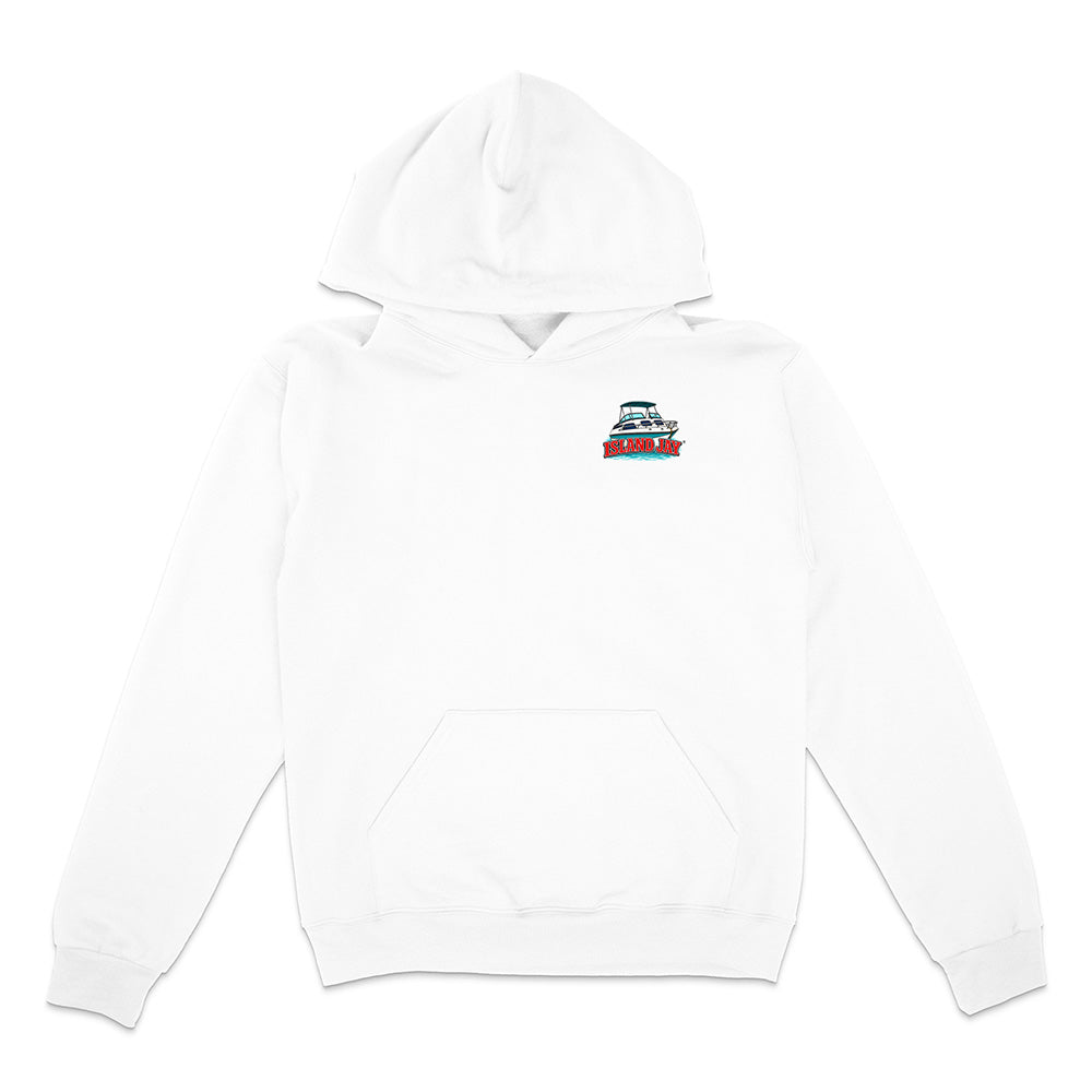 A white pullover hoodie with a small graphic on the left chest depicting a green and white truck carrying a red sign that reads 'DRY'. The hoodie is shown flat against a solid white background.
