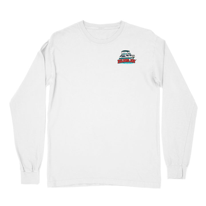 A white long-sleeve crewneck t-shirt with a small graphic on the left chest depicting a sailboat above the text 'SAILING'.