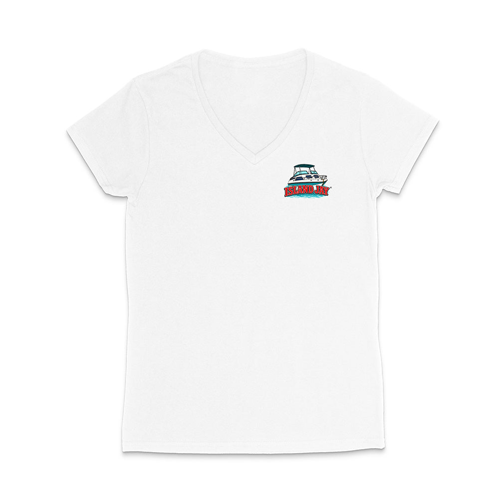 A white women's short-sleeve V-neck t-shirt with a small graphic on the left chest depicting a sailboat and the text 'SAIL ANY'.