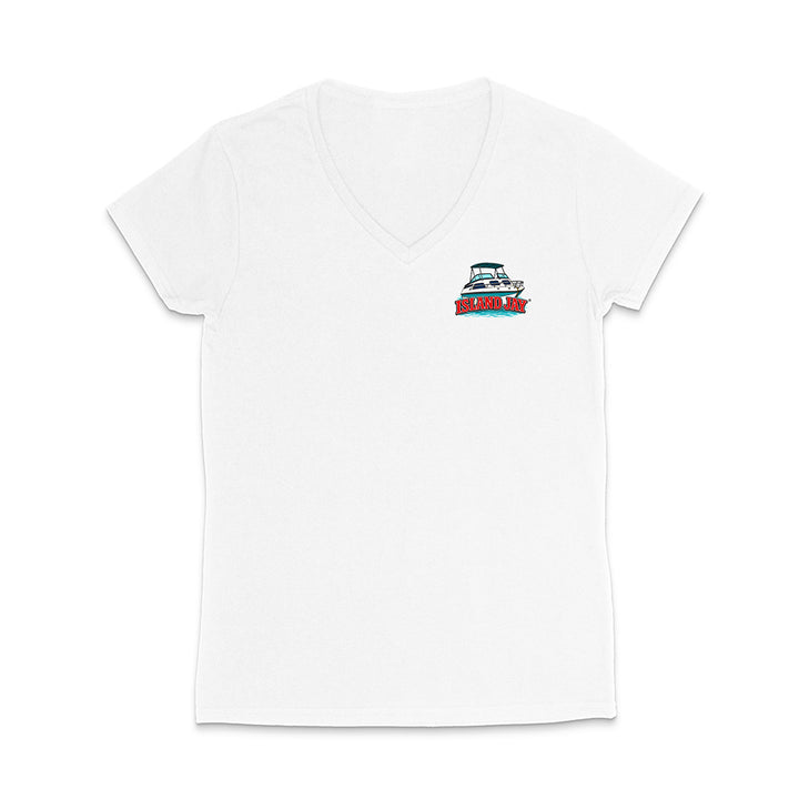 A white women's short-sleeve V-neck t-shirt with a small graphic on the left chest depicting a sailboat and the text 'SAIL ANY'.