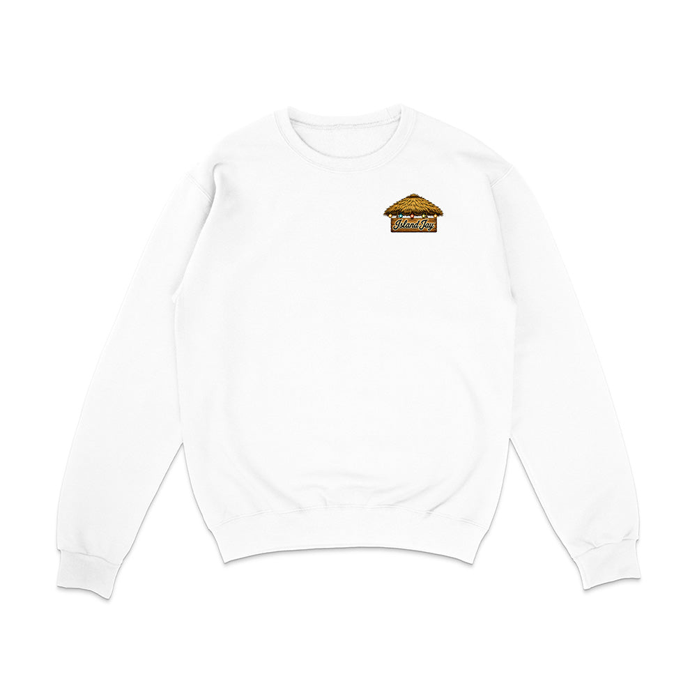 A white crewneck sweatshirt with a small graphic of a golden-brown mushroom on the left chest, displayed on a clean white background.