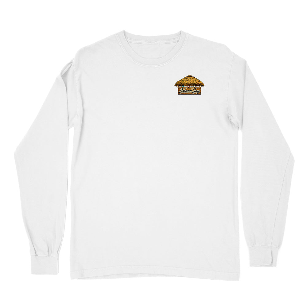 A white long-sleeve crewneck t-shirt with a small graphic on the left chest depicting a thatched-roof hut with the text 'WELCOME TO OZARKA'.